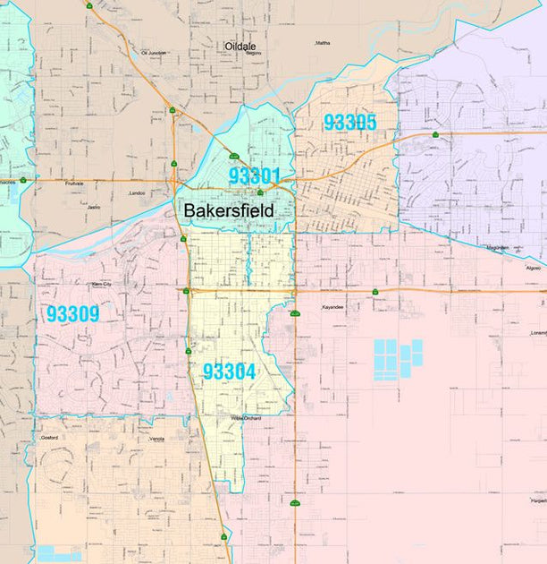 Color Cast Zip Code Style Wall Map of Bakersfield, CA. by Market 