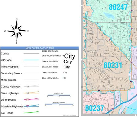 Color Cast Zip Code Style Wall Map of Aurora, CO by Market Maps
