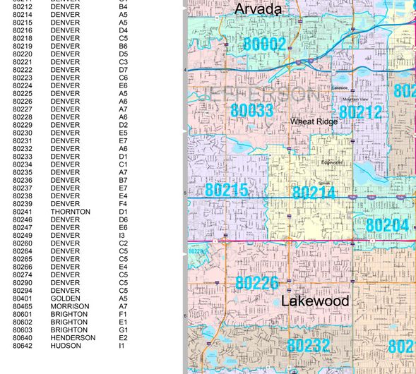 Color Cast Zip Code Style Wall Map of Denver, CO by Market Maps