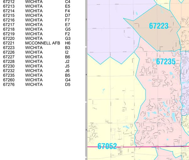 Colorcast Zip Code Style Wall Map of Wichita, KS by Market Maps