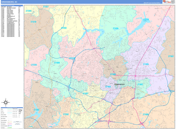 Color Cast Zip Code Style Wall Map of Greensboro, NC by Market Maps