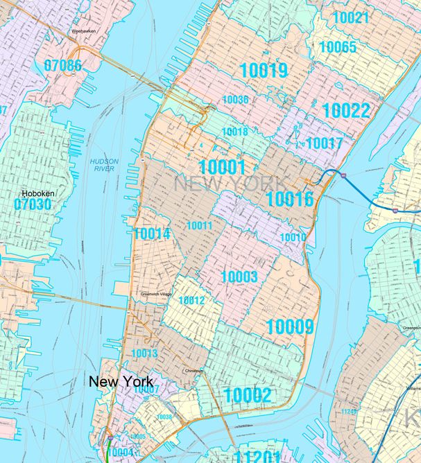 Color Cast Zip Code Style Wall Map of New York, NY by Market Maps