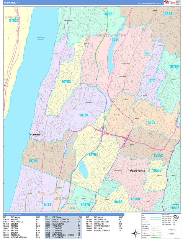 Color Cast Zip Code Style Wall Map of Yonkers, NY by Market Maps