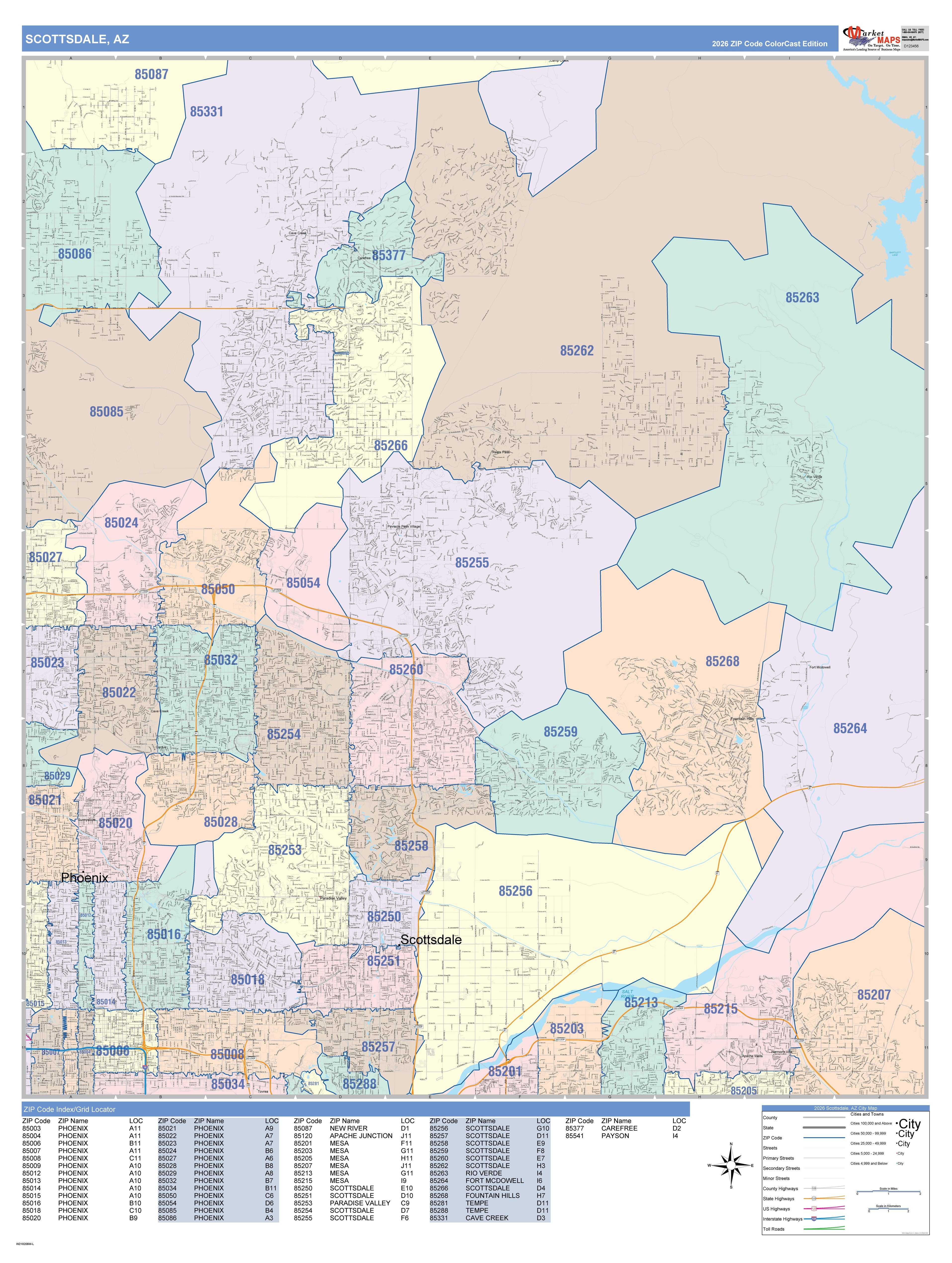 Color Cast Zip Code Style Wall Map of Scottsdale, AZ – American Map Store
