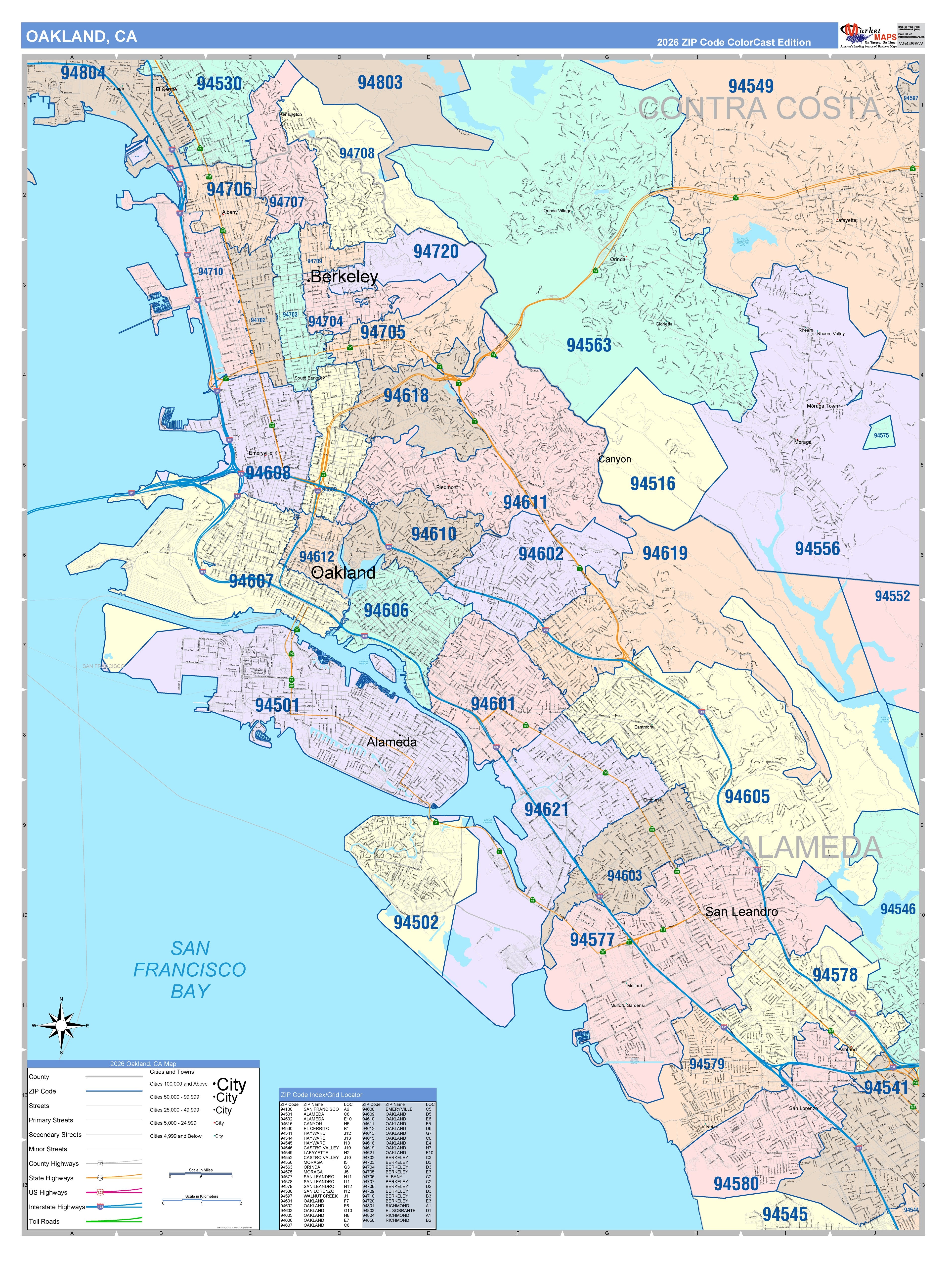 Colorcast Zip Code Style Wall Map of Oakland, CA – American Map Store