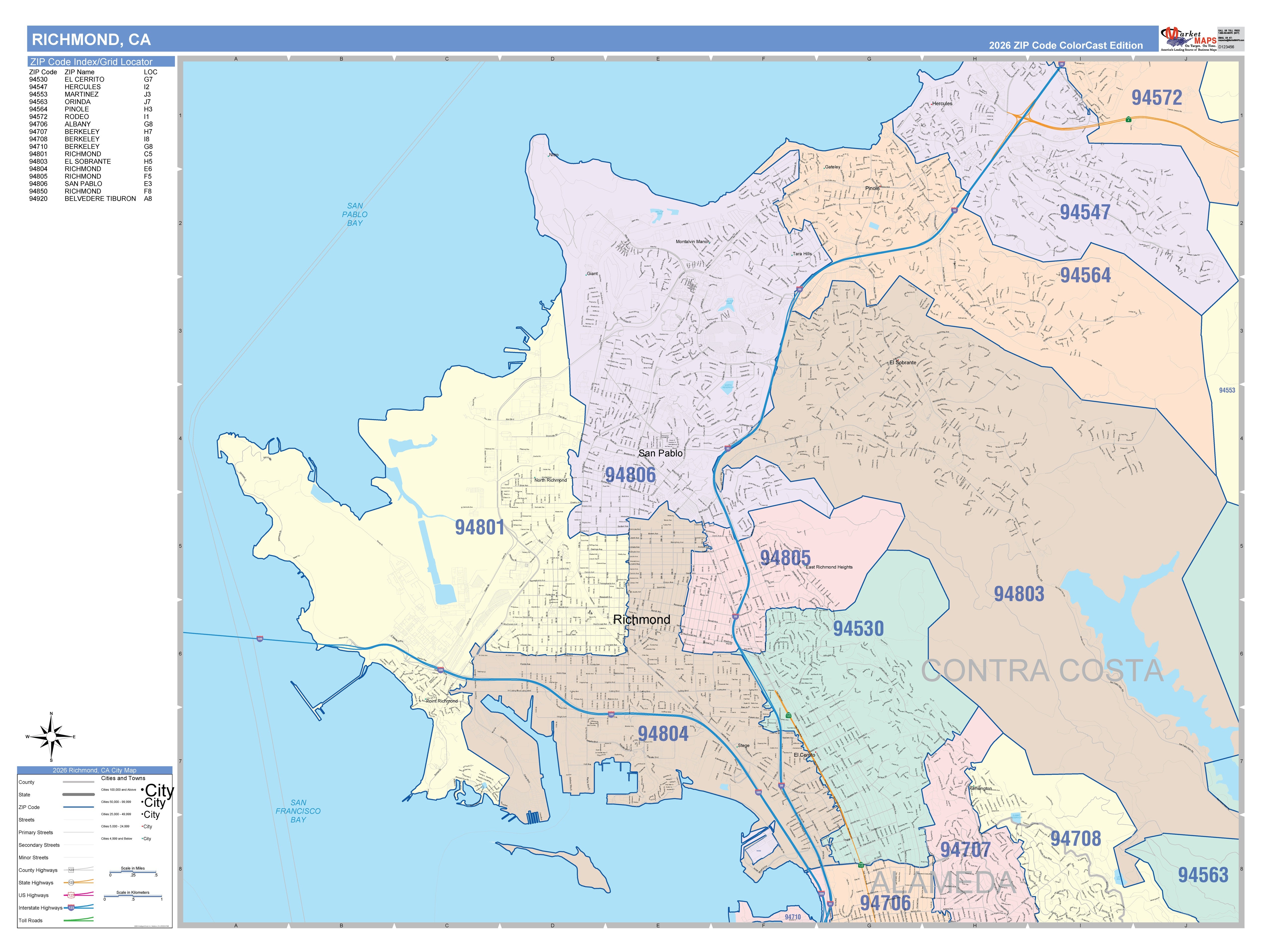 Color Cast Zip Code Style Wall Map of Richmond, CA – American Map Store