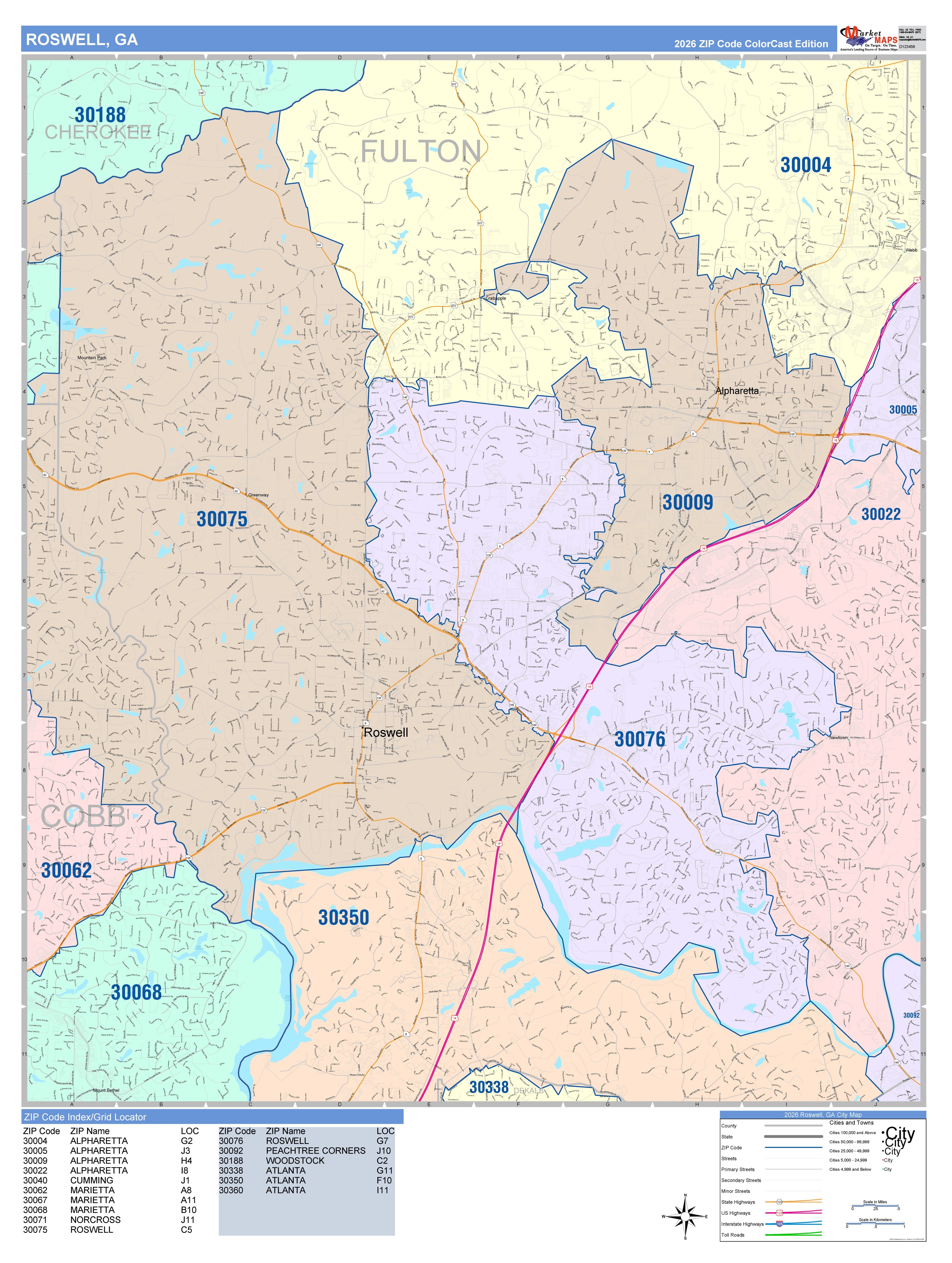 Color Cast Zip Code Style Wall Map of Roswell, GA – American Map Store
