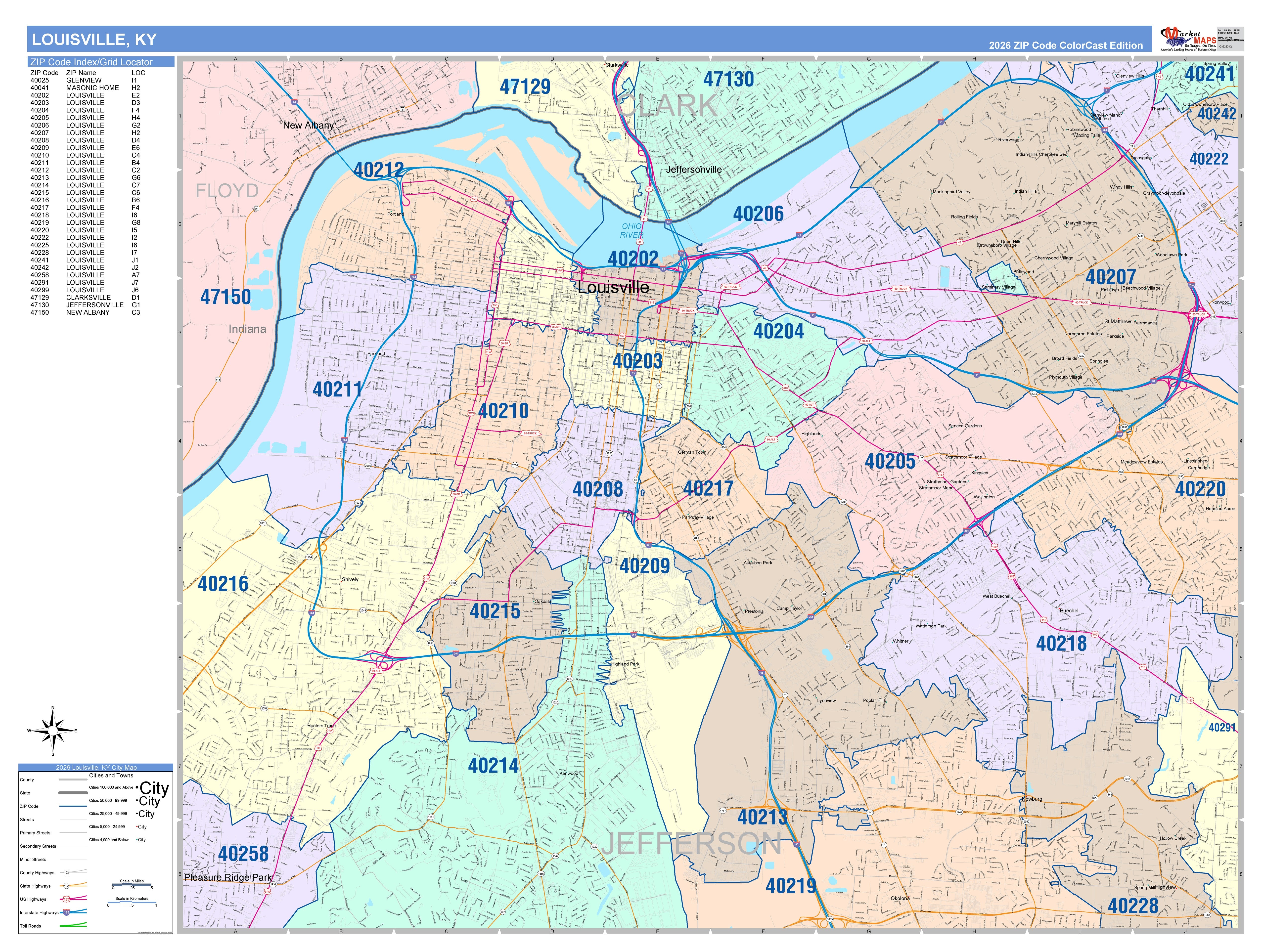 Colorcast Zip Code Style Wall Map of Louisville, KY – American Map