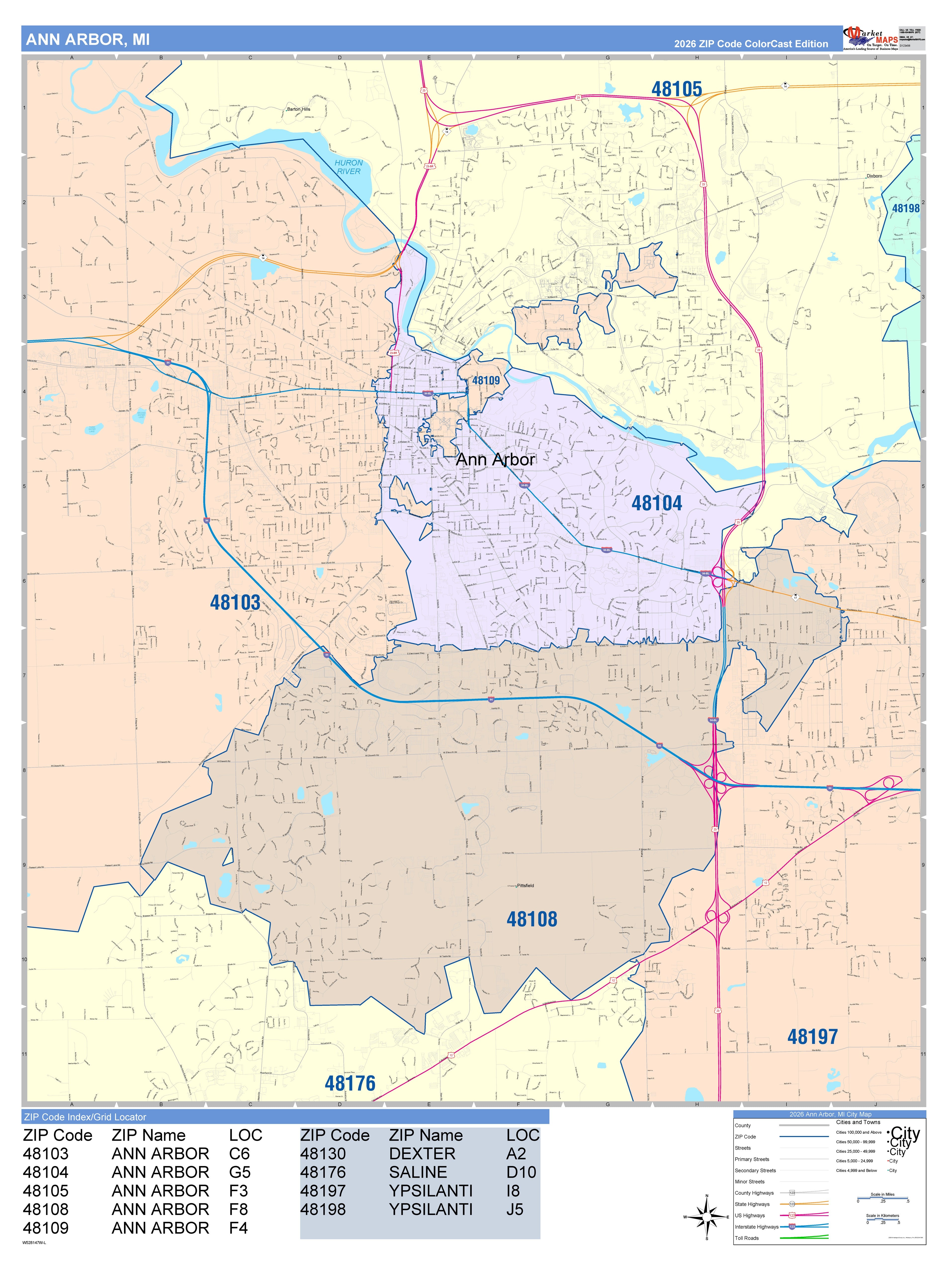 Color Cast Zip Code Style Wall Map of Ann Arbor, MI – American Map