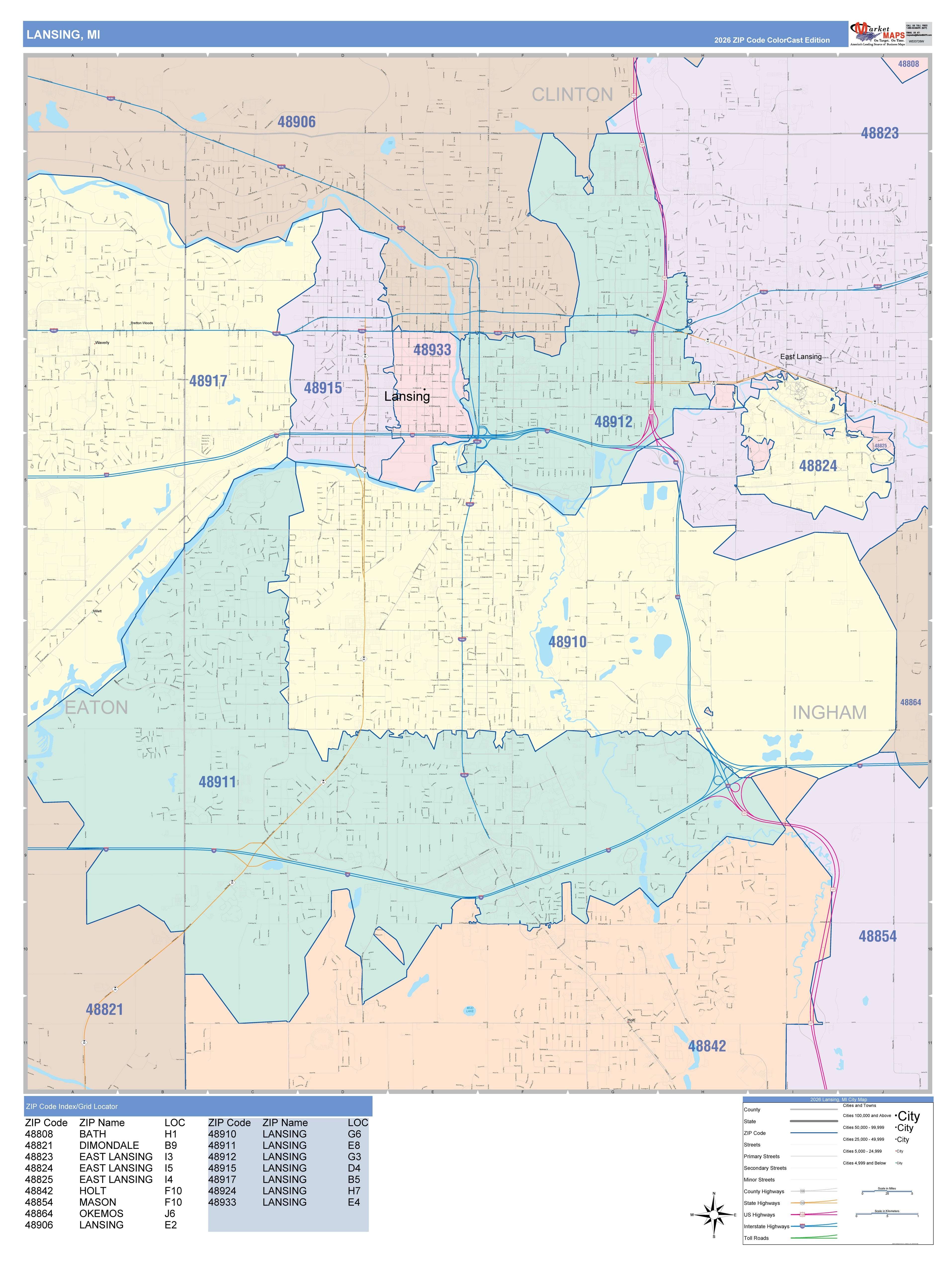 Color Cast Zip Code Style Wall Map of Lansing, MI – American Map Store