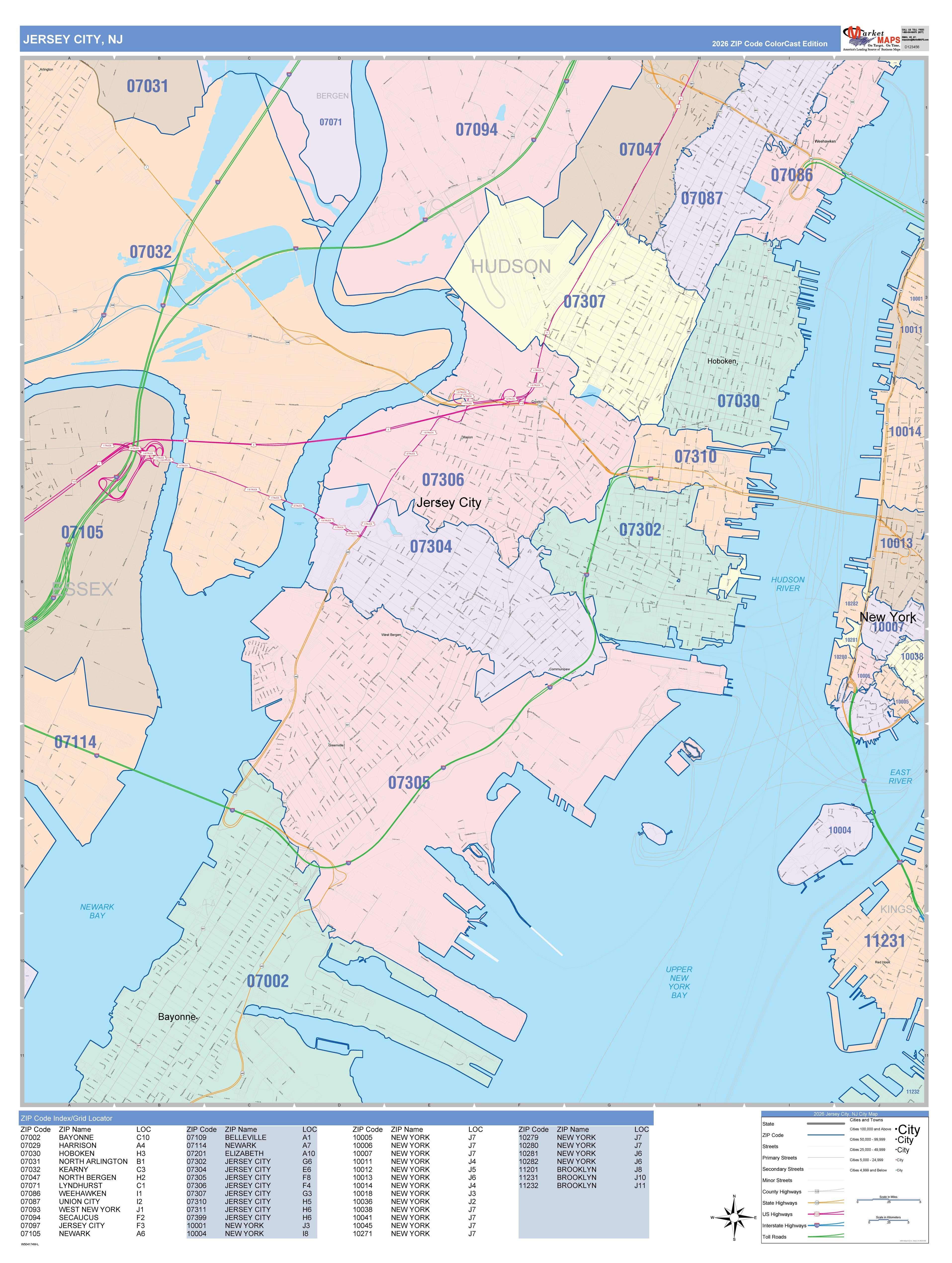 Colorcast Zip Code Style Wall Map of Jersey City, NY – American