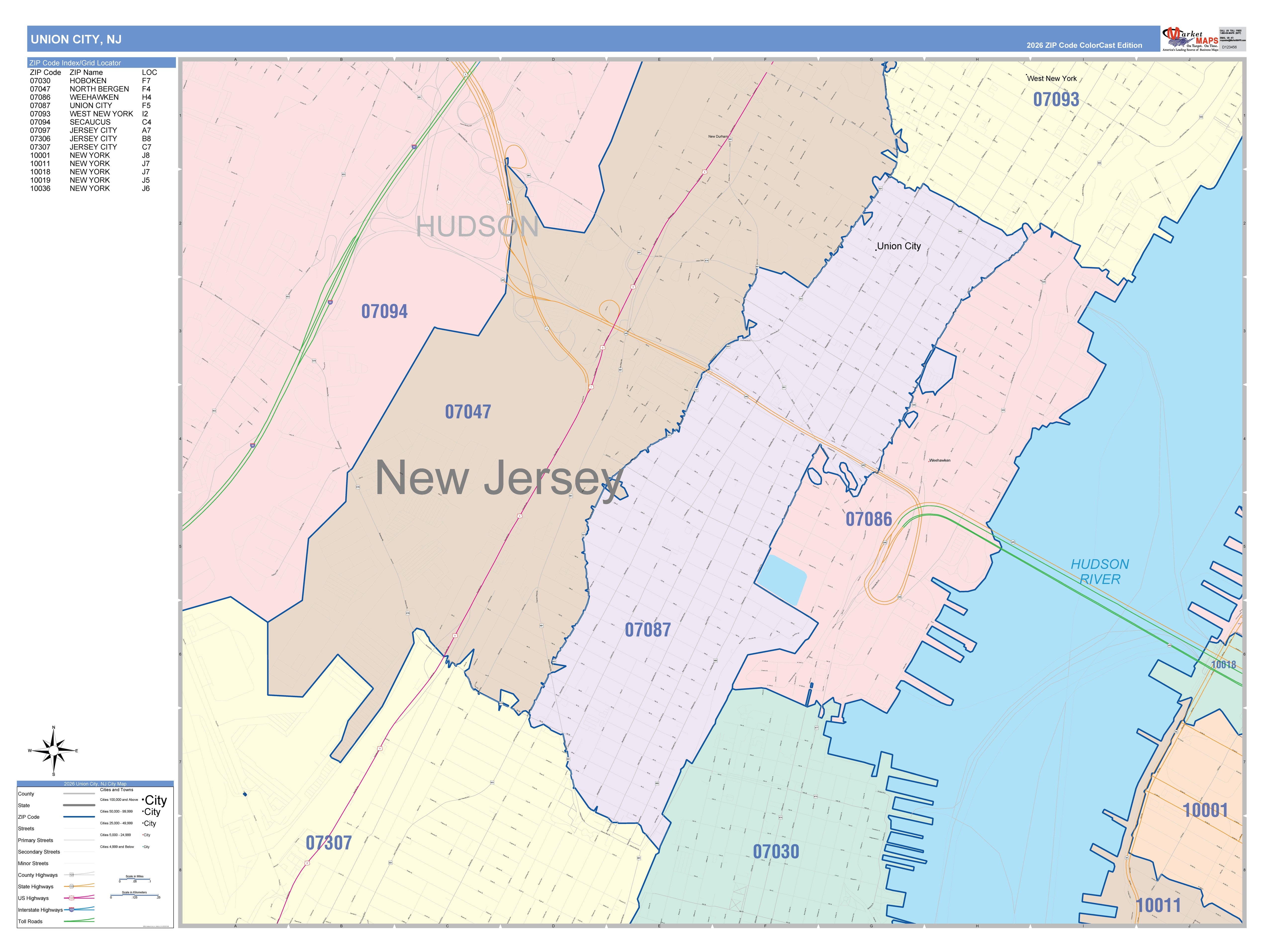 Color Cast Zip Code Style Wall Map of Union City, NJ – American Map Store
