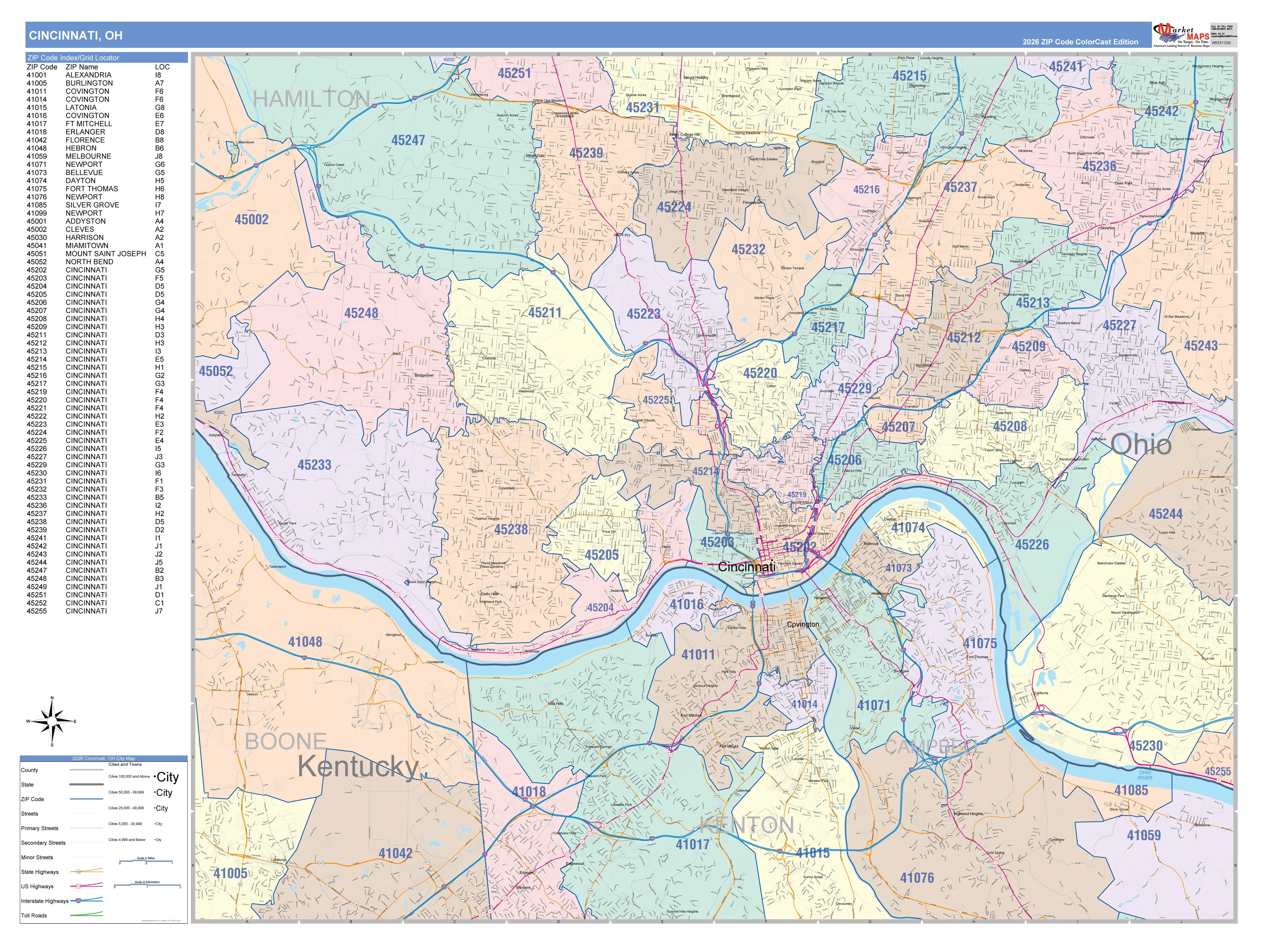 Color Cast Zip Code Style Wall Map of Cincinnati, OH – American