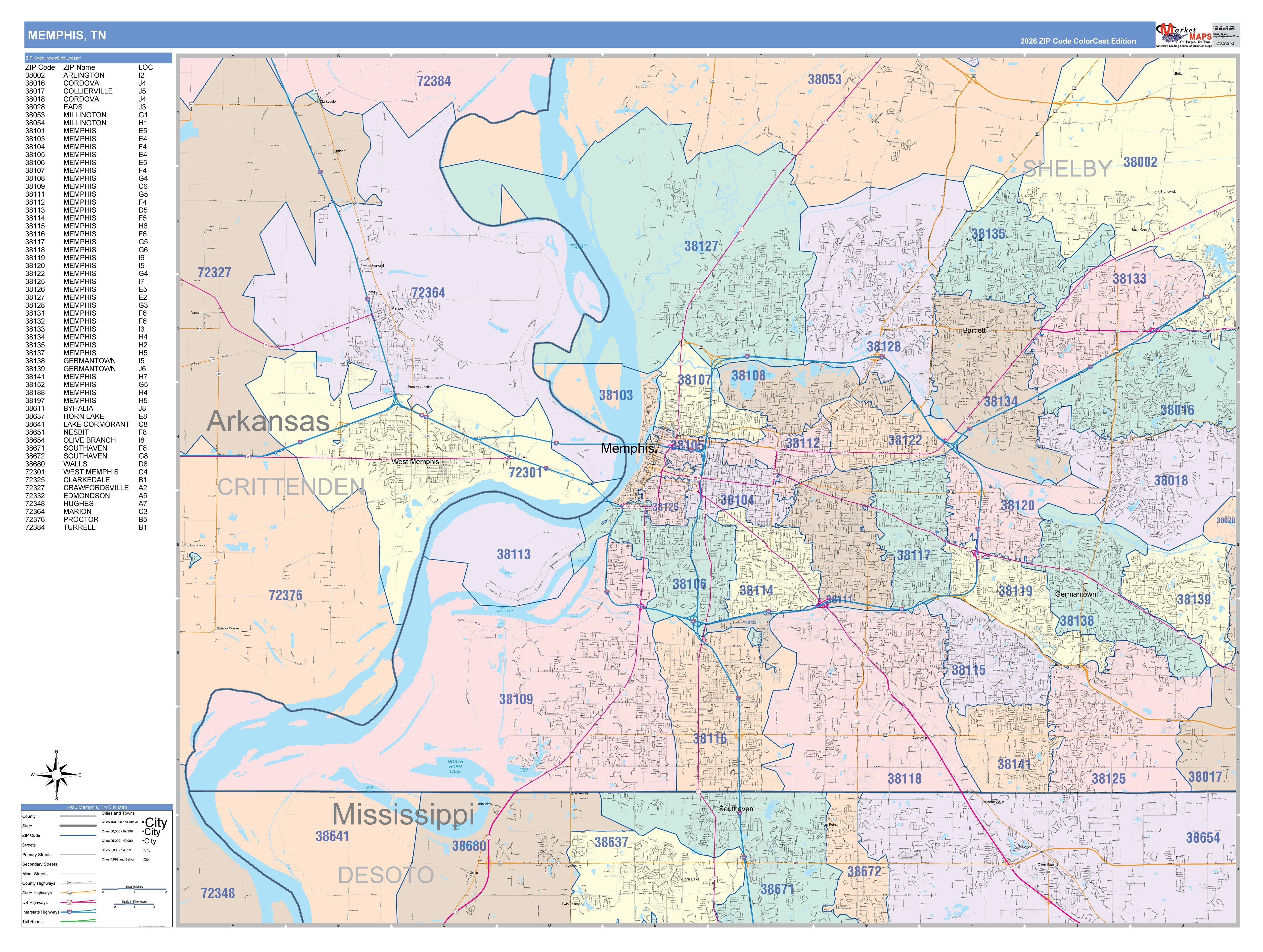Colorcast Zip Code Style Wall Map of Memphis, TN – American Map Store