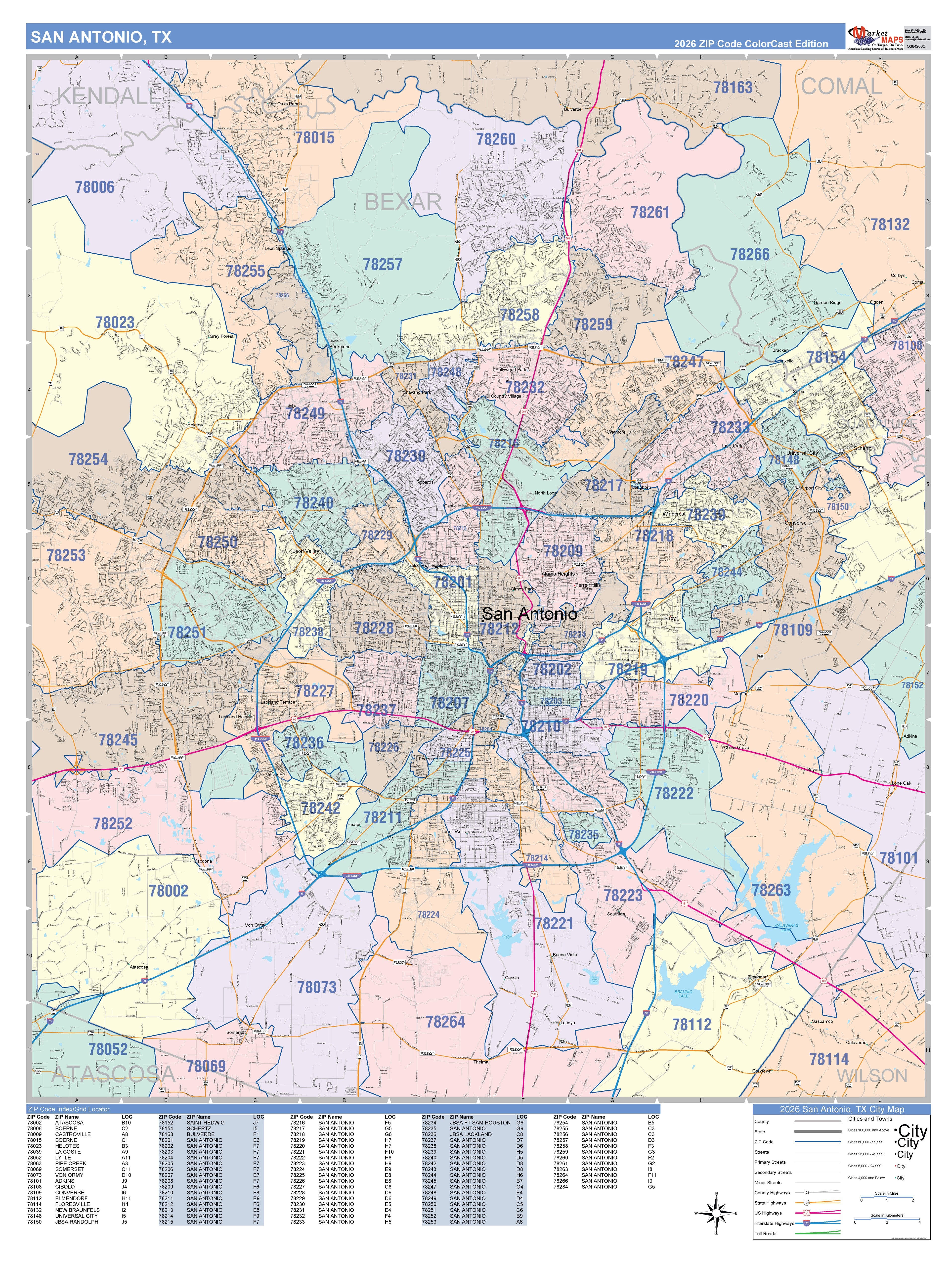 Colorcast Style Zip Code Map of San Antonio – American Map Store