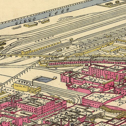 Rascher's birds eye view of the Chicago packing houses & union stock yards, 1890