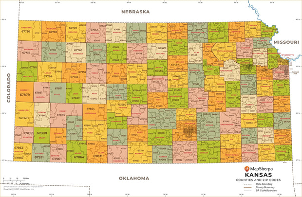 Kansas Zip Code Map with Counties