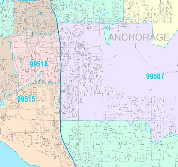 Color Cast Zip Code Style Wall Map of Anchorage by Market Maps