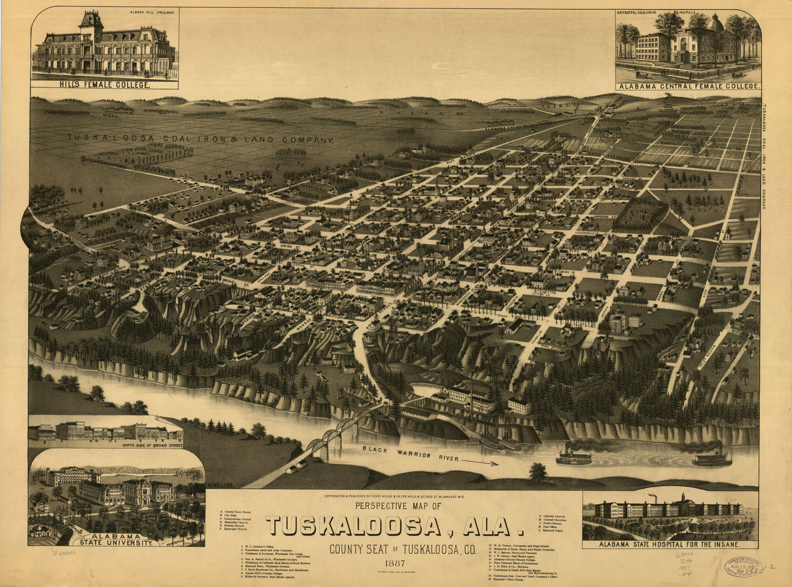 Bird's Eye View of Tuskaloosa, Alabama, 1887