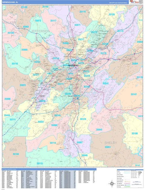 Color Cast Zip Code Style Wall Map of Birmingham, AL by Market Maps ...