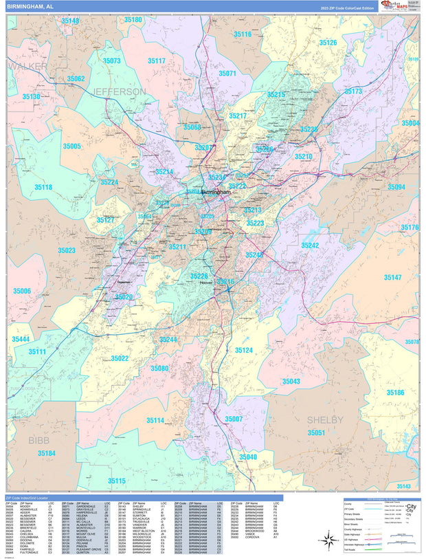 Color Cast Zip Code Style Wall Map of Birmingham, AL by Market Maps ...