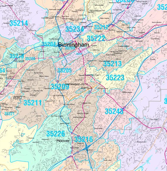 Color Cast Zip Code Style Wall Map of Birmingham, AL by Market Maps