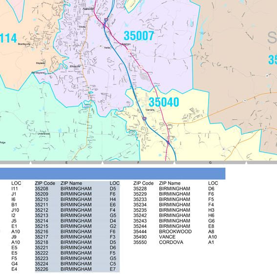 Color Cast Zip Code Style Wall Map of Birmingham, AL by Market Maps
