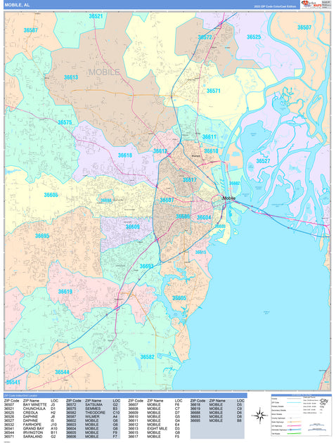 Colorcast Zip Code Style Wall Map of Mobile, AL by Market Maps ...