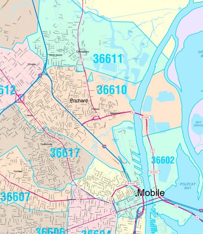 Colorcast Zip Code Style Wall Map of Mobile, AL by Market Maps