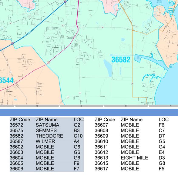 Colorcast Zip Code Style Wall Map of Mobile, AL by Market Maps