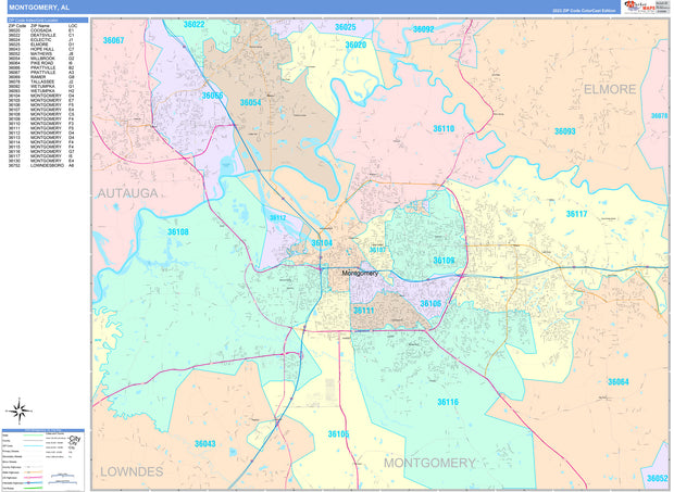 Colorcast Zip Code Style Wall Map of Montgomery, AL by Market Maps