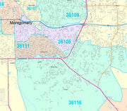 Colorcast Zip Code Style Wall Map of Montgomery, AL by Market Maps