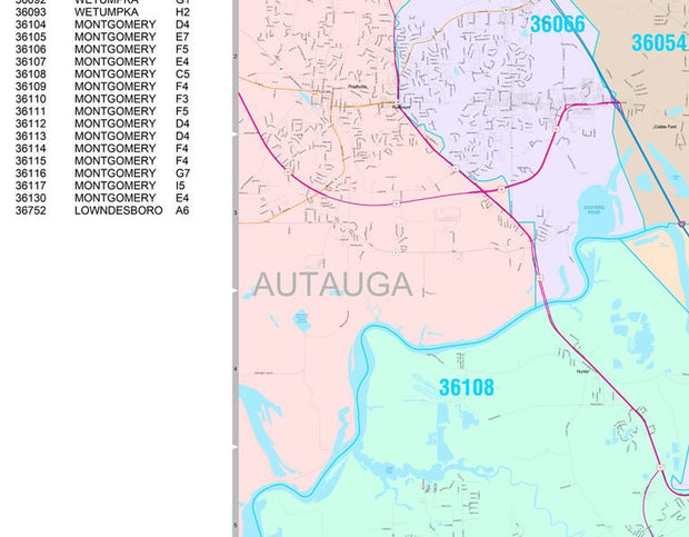 Colorcast Zip Code Style Wall Map of Montgomery, AL by Market Maps