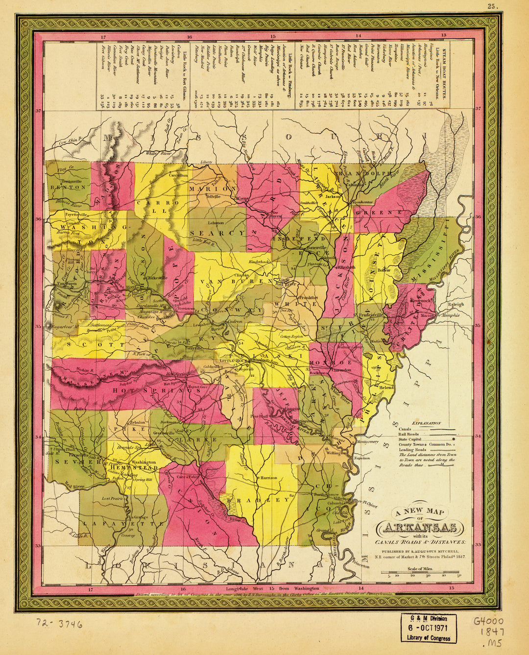 A New Map of Arkansas - Canals, Roads, and Distances, 1847