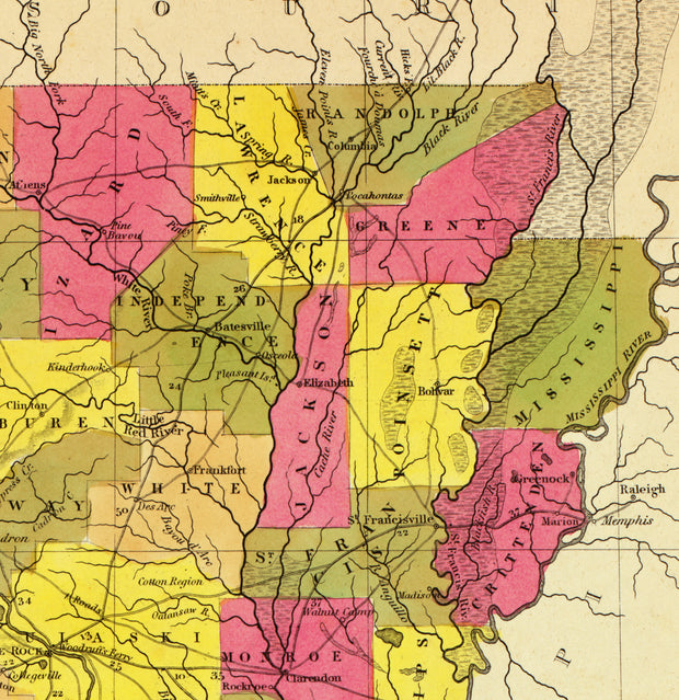 A New Map of Arkansas - Canals, Roads, and Distances, 1847