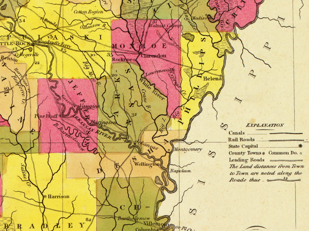 A New Map of Arkansas - Canals, Roads, and Distances, 1847