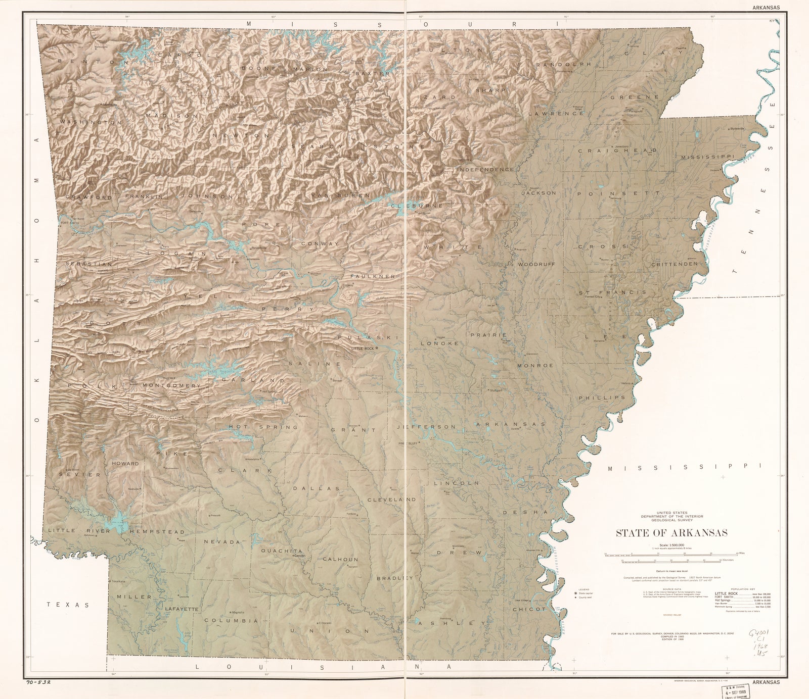 State of Arkansas in Shaded Relief, 1965