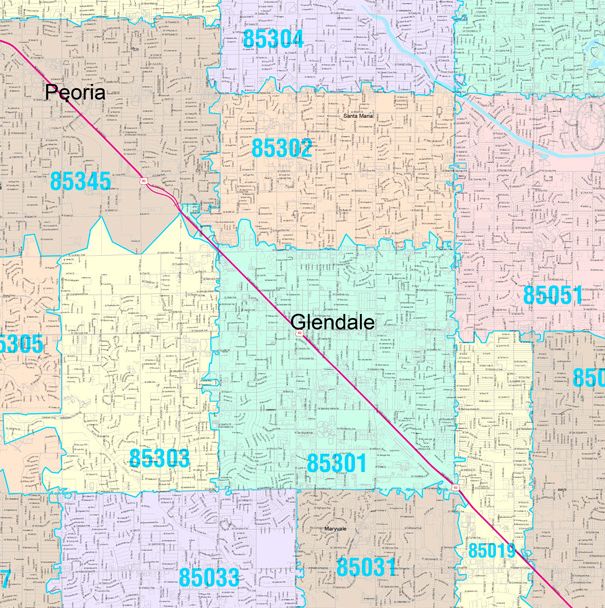 Color Cast Zip Code Style Wall Map of Glendale, AZ by Market Maps