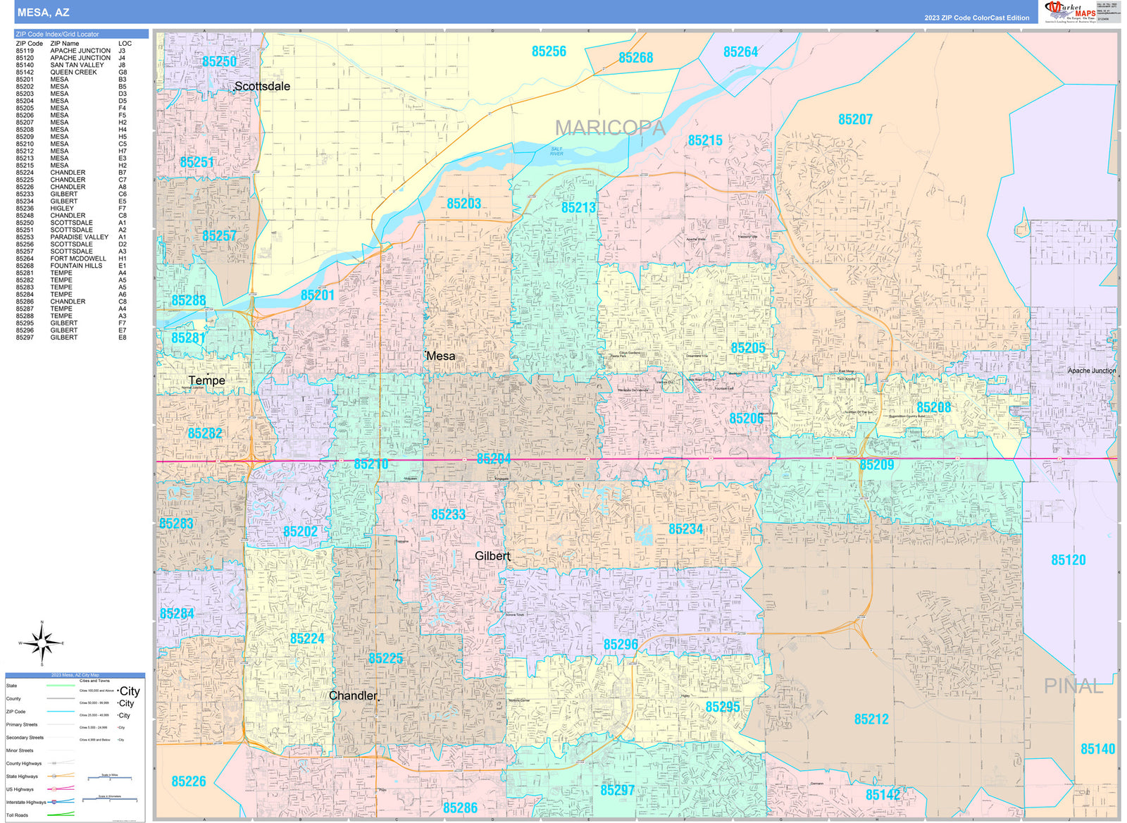 Color Cast Zip Code Style Wall Map of Mesa AZ