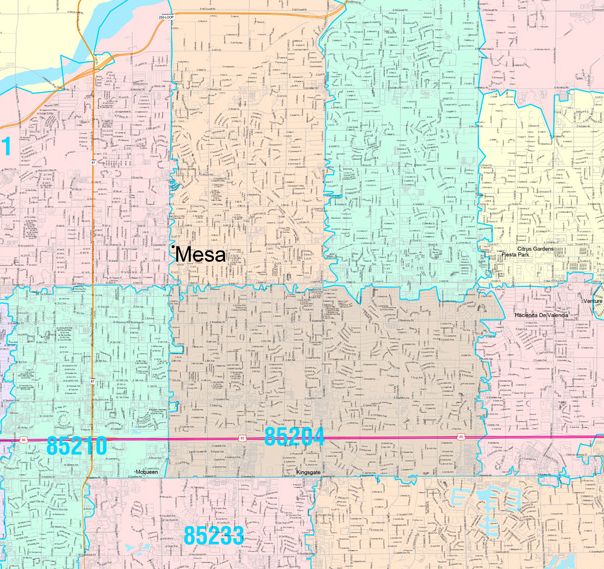 Color Cast Zip Code Style Wall Map of Mesa, AZ by Market Maps