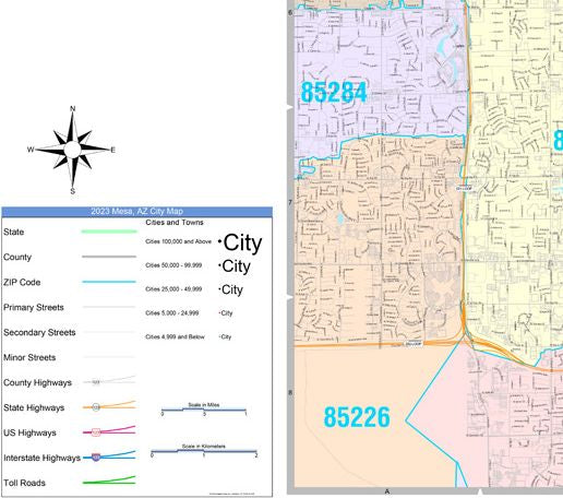 Color Cast Zip Code Style Wall Map of Mesa, AZ by Market Maps