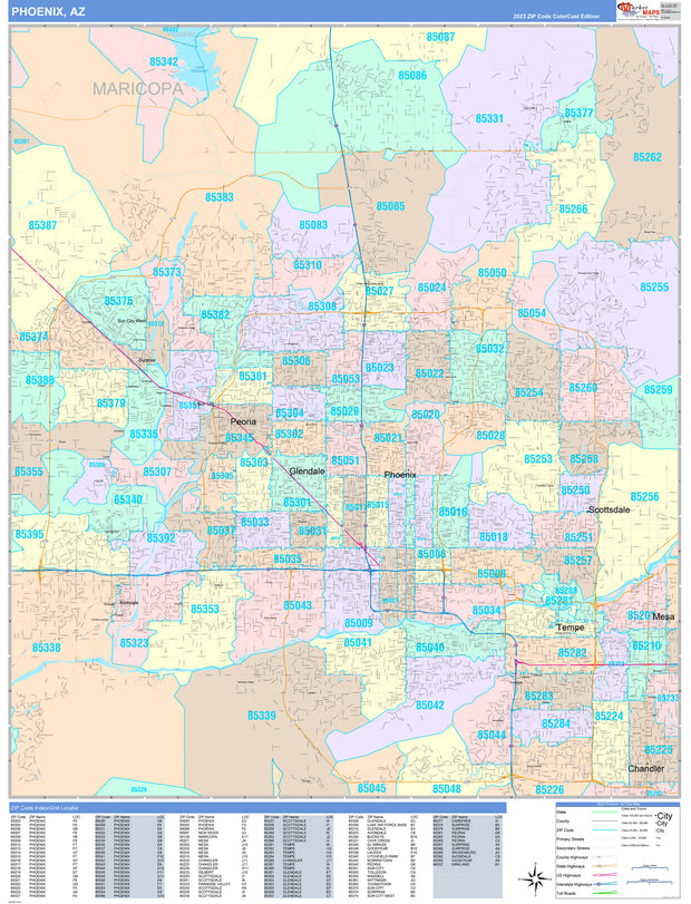 Color Cast Zip Code Style Wall Map of Phoenix, AZ by Market Maps