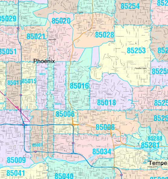 Color Cast Zip Code Style Wall Map of Phoenix, AZ by Market Maps