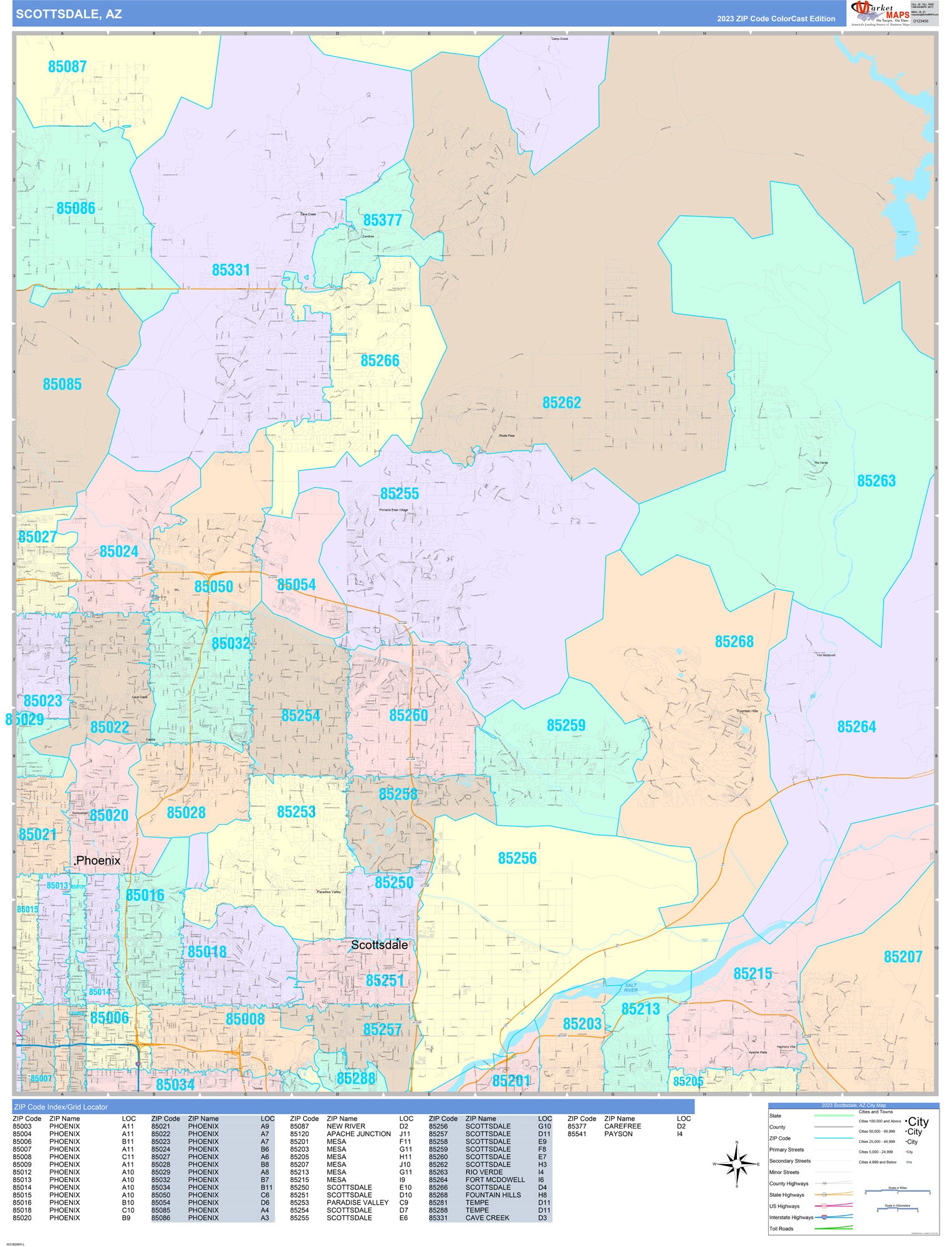 Color Cast Zip Code Style Wall Map of Scottsdale AZ
