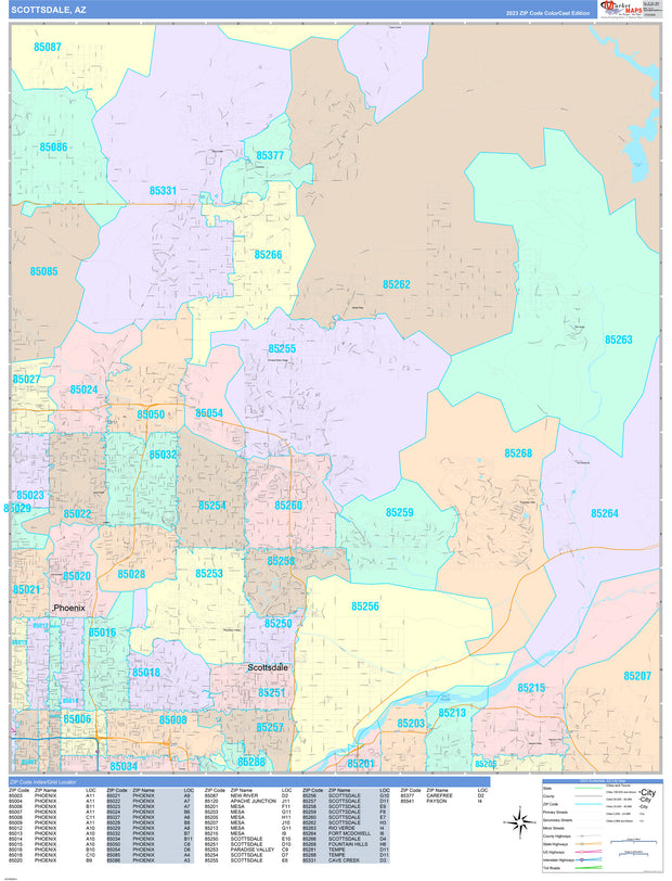 Color Cast Zip Code Style Wall Map of Scottsdale, AZ by Market Maps