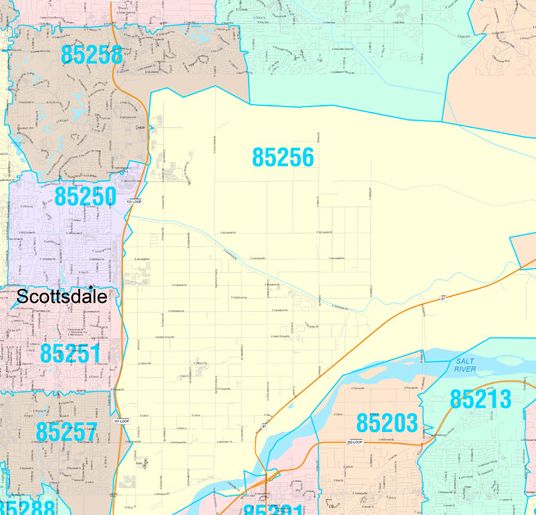 Color Cast Zip Code Style Wall Map of Scottsdale, AZ by Market Maps