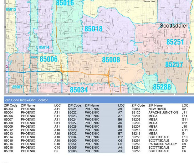 Color Cast Zip Code Style Wall Map of Scottsdale, AZ by Market Maps