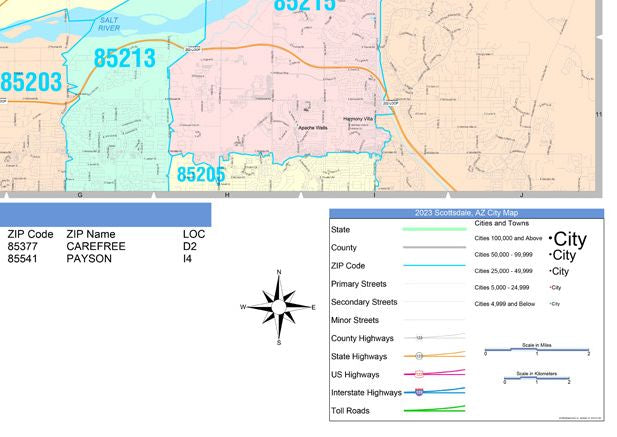 Color Cast Zip Code Style Wall Map of Scottsdale, AZ by Market Maps