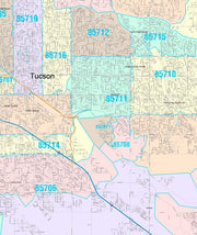 Color Cast Zip Code Style Wall Map of Tucson, AZ by Market Maps