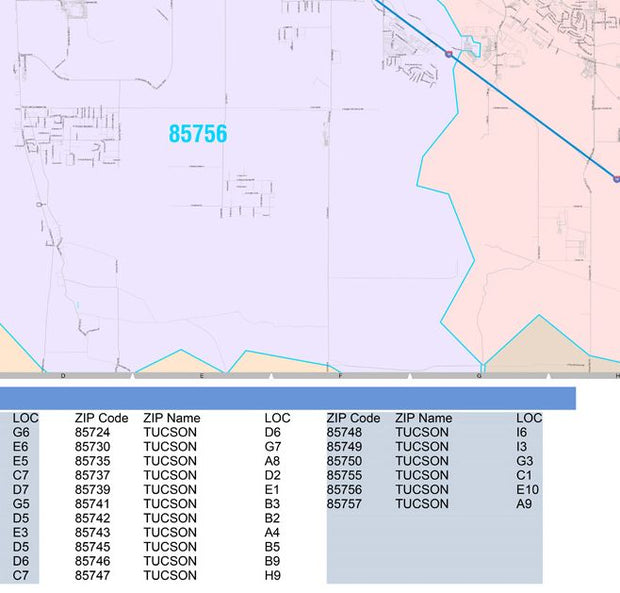 Color Cast Zip Code Style Wall Map of Tucson, AZ by Market Maps